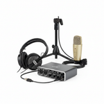Behringer U-Phoria Studio Pro Recording Bundle shown at an angle with one UMC202HD interface, one C-1 microphone, HPS5000 headphones, microphone stand, XLR cable, and USB cable