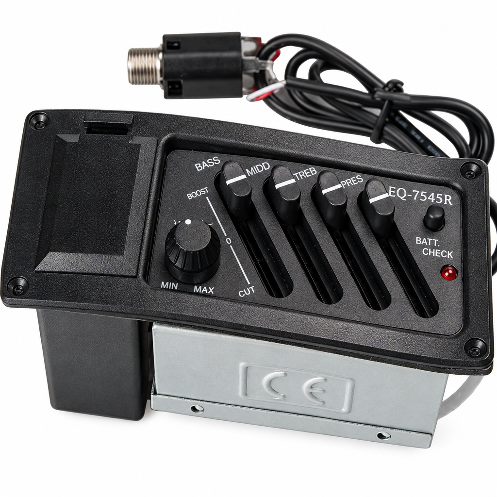 Close detail of the EQ-7545 pickup machine showing its control panel, sliders, battery area, metal plate, and connected cable