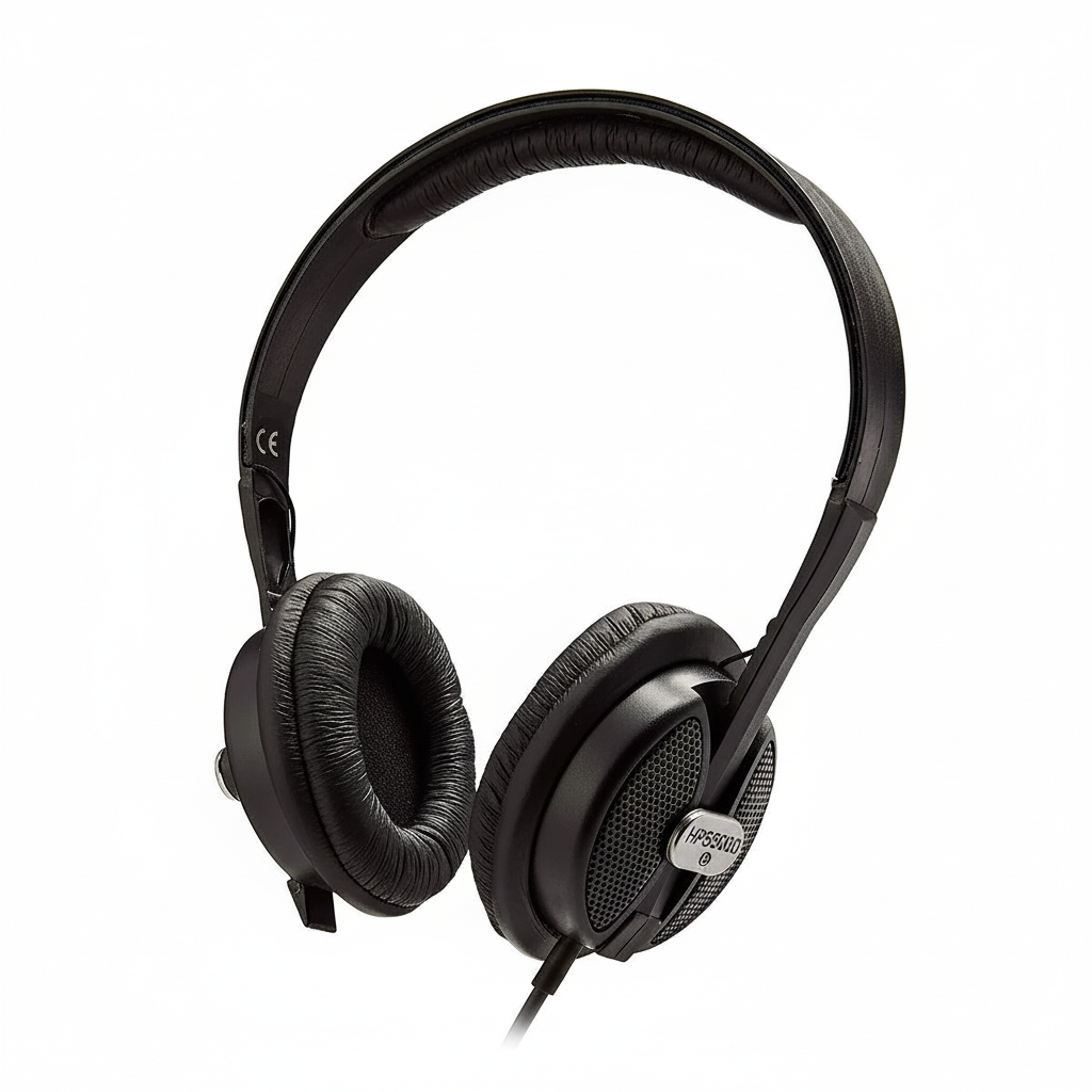 Close detail of the Behringer HPS5000 earcups, closed-back cushions, headband, and cable on a clean white background