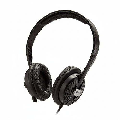 Close detail of the Behringer HPS5000 earcups, closed-back cushions, headband, and cable on a clean white background