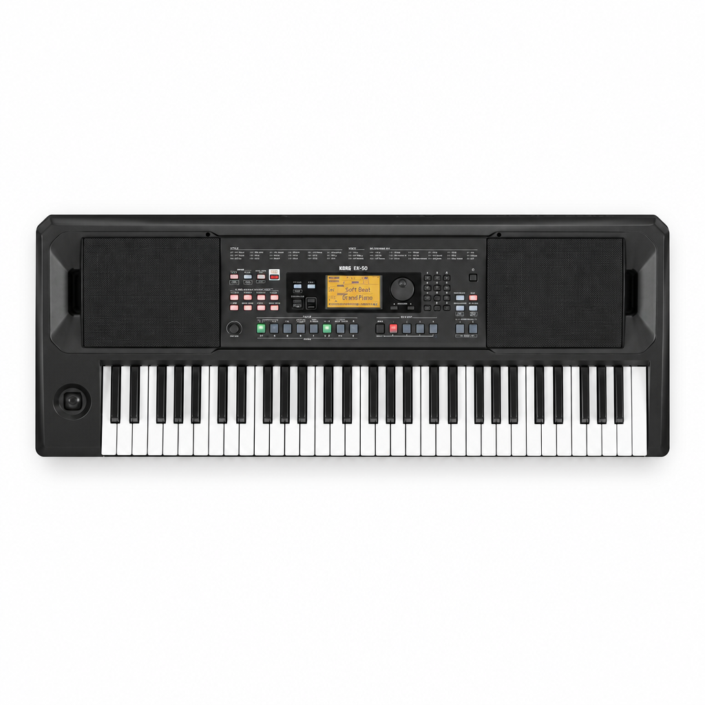 Top-down view of the Korg EK-50 61-key arranger keyboard, showing its keys and control panel.