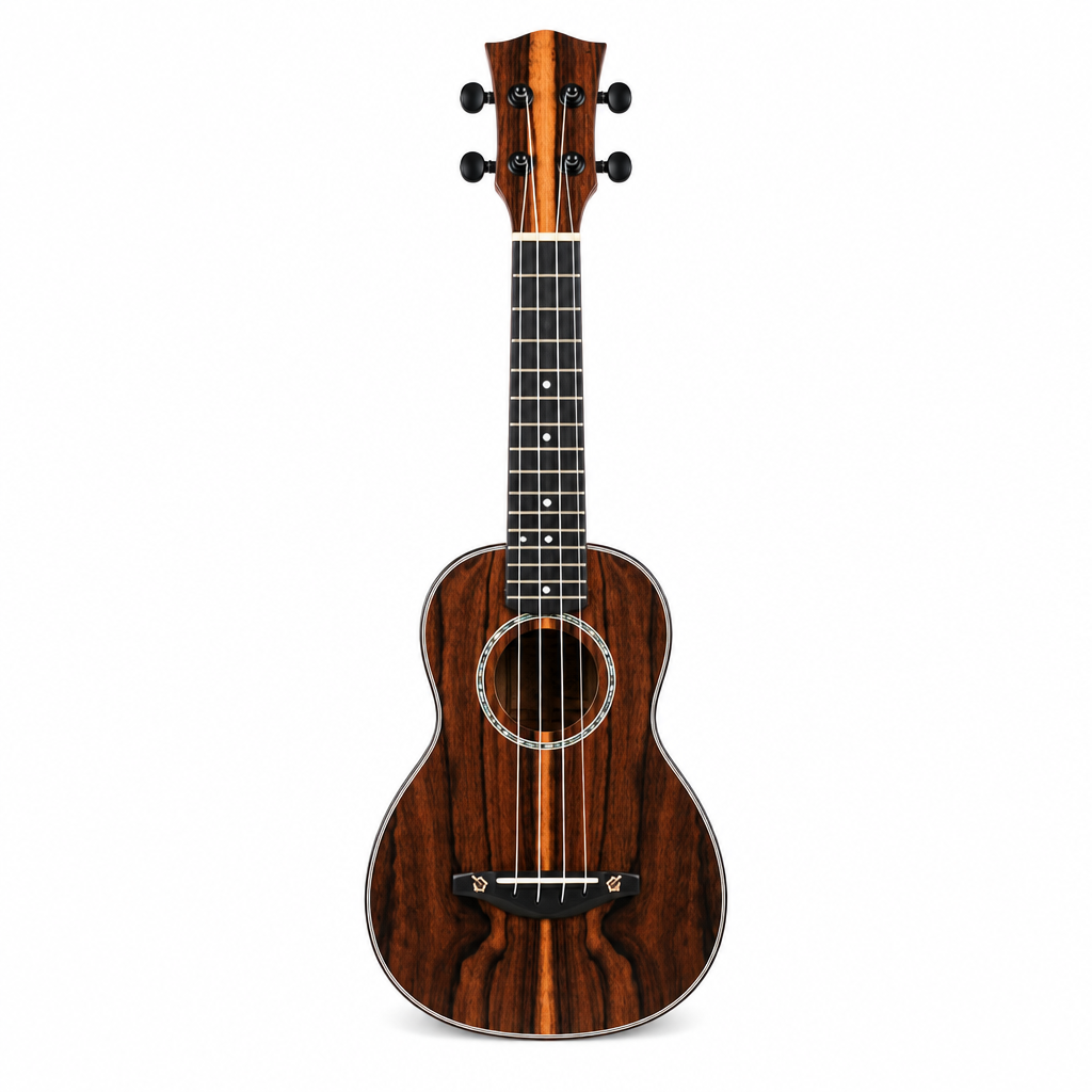 Black Persimmon Wood ukulele, straight front view showing the dark wood-grain finish