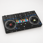 Three-quarter view of the Pioneer DJ DDJ-REV7 two-deck DJ controller, showing its jog wheels and control layout.