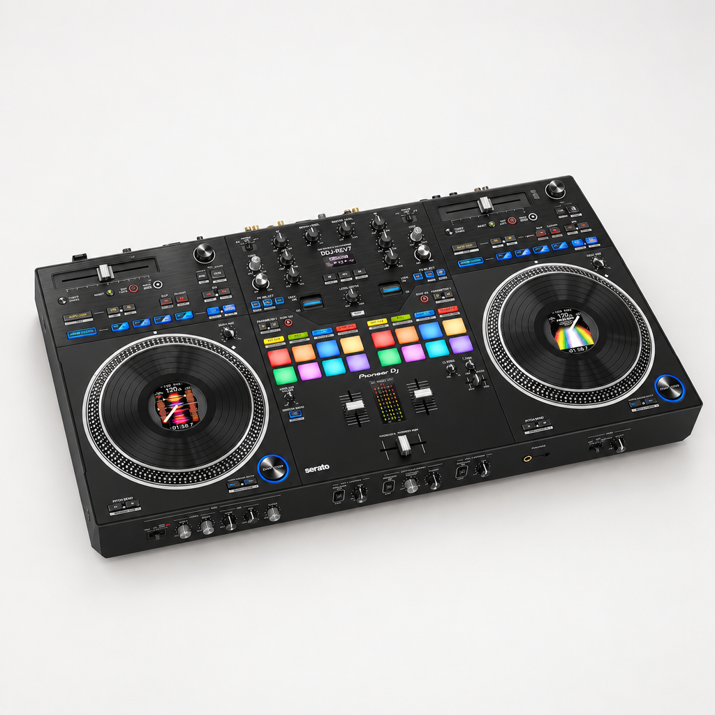 Three-quarter view of the Pioneer DJ DDJ-REV7 two-deck DJ controller, showing its jog wheels and control layout.