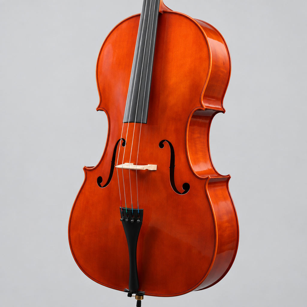 Close detail of the unbranded HC515 4/4 cello showing the body, bridge, strings, fingerboard, and tailpiece