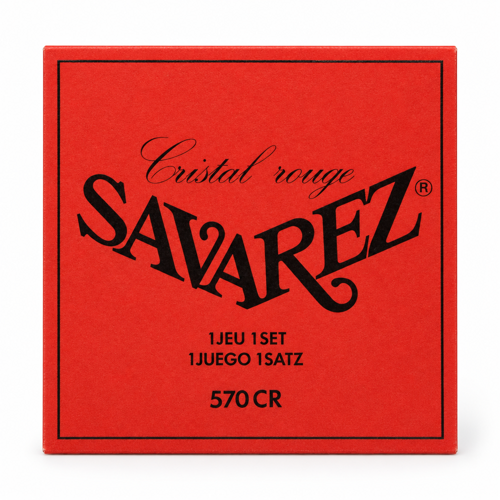Savarez 570 CR classical guitar strings package, straight front view showing the Cristal rouge packaging