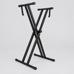 Unbranded Q-2XC-1 black double-X keyboard stand shown from a three-quarter angle with its foldable frame and central locking mechanism