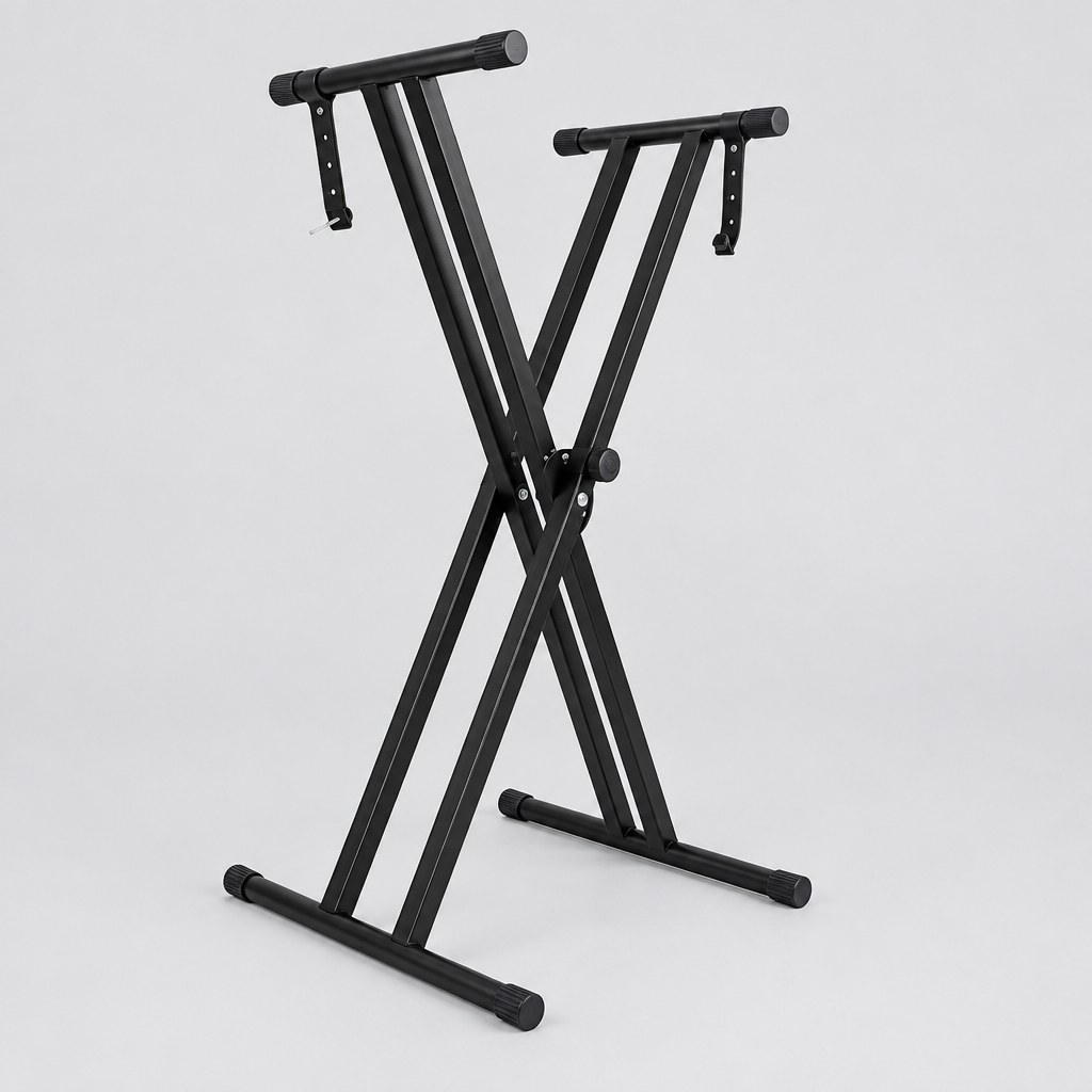 Unbranded Q-2XC-1 black double-X keyboard stand shown from a three-quarter angle with its foldable frame and central locking mechanism