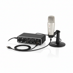 Behringer U-Phoria Studio PRO bundle shown at an angled view with UMC202HD interface, C-1 microphone, desktop stand, and USB cable on a white background