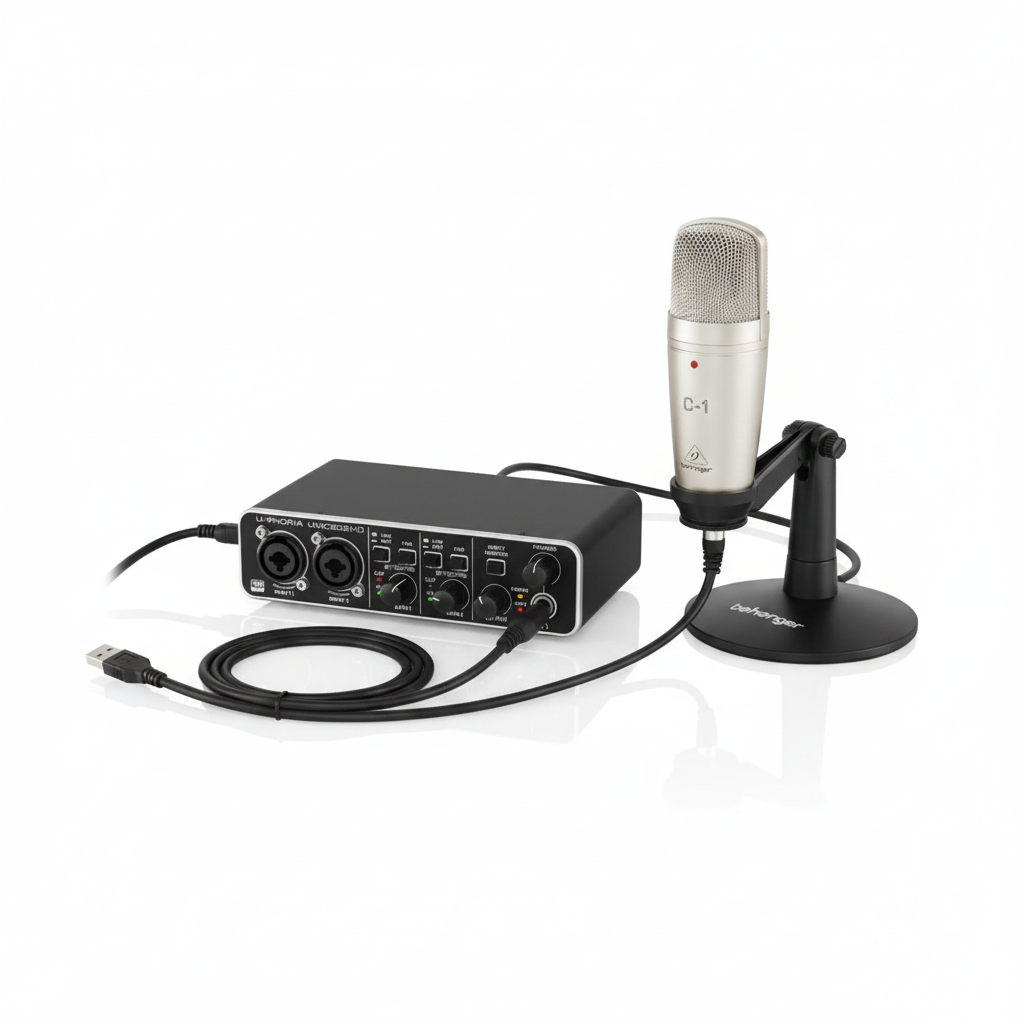 Behringer U-Phoria Studio PRO bundle shown at an angled view with UMC202HD interface, C-1 microphone, desktop stand, and USB cable on a white background