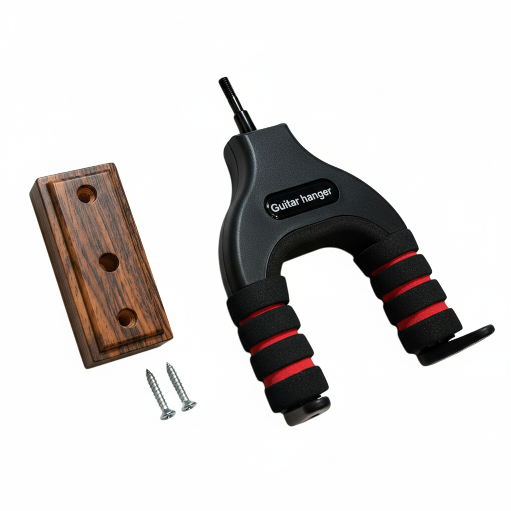 J-19E guitar hanger shown in a three-quarter view with the same hanger, wooden mounting piece, and two silver screws as the reference
