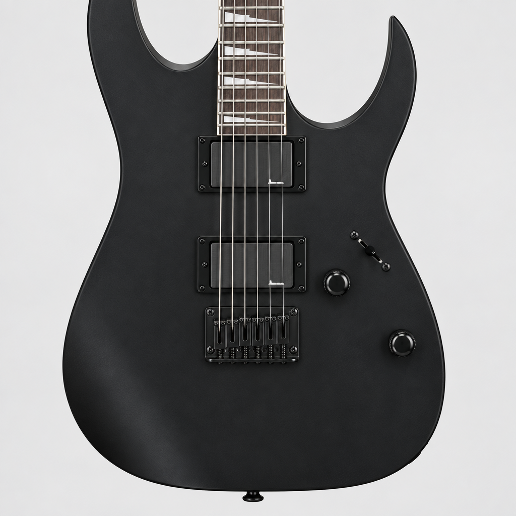 Straight-on close-up of the Ibanez GRG121DX humbuckers, strings, hardtail bridge, and controls.