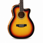 Straight close-up of the Smiger GA-H10-3TS acoustic guitar preserving its original 3-color sunburst finish, cutaway shape, soundhole, bridge, strings, and visible hardware