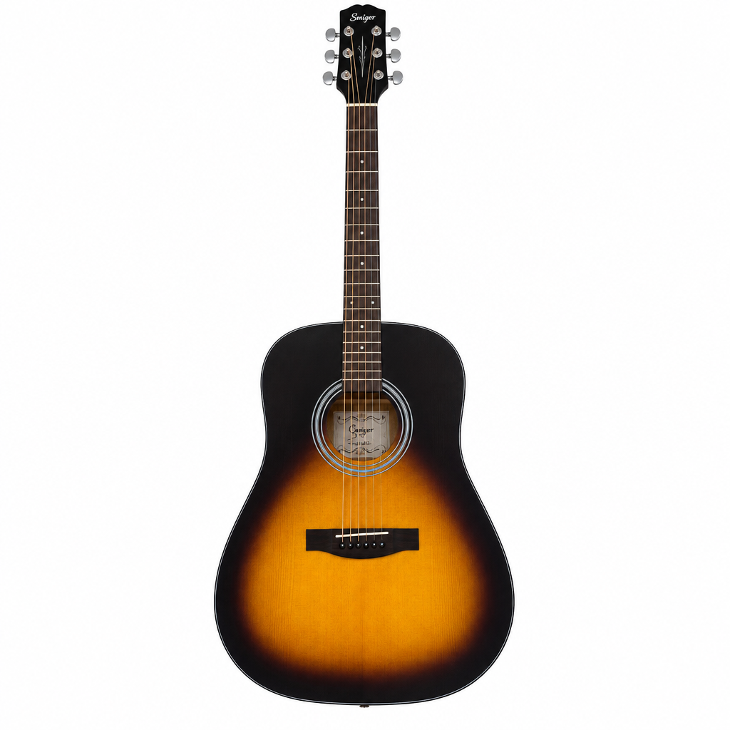 Smiger GN-81D sunburst acoustic guitar, straight front view showing the original body shape, soundhole, bridge, strings, and tuning machines