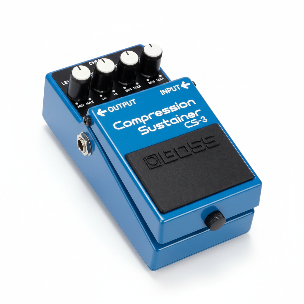 Boss CS-3 Compression Sustainer guitar pedal shown at a 45-degree angle with blue housing, control knobs, input jack, footswitch, side depth, and Boss branding visible on a white background