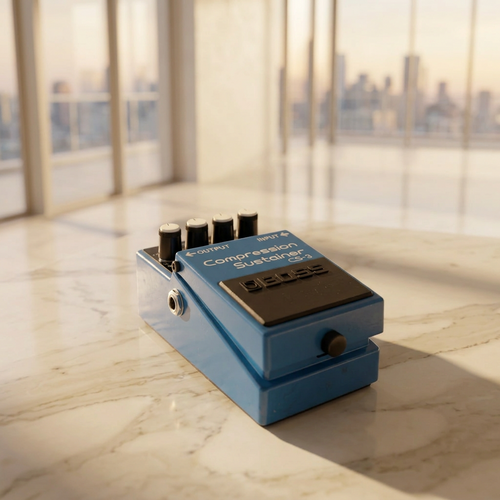 Boss CS-3 Compression Sustainer guitar pedal shown at a 45-degree angle with blue housing, control knobs, input jack, footswitch, side depth, and Boss branding visible on a white background