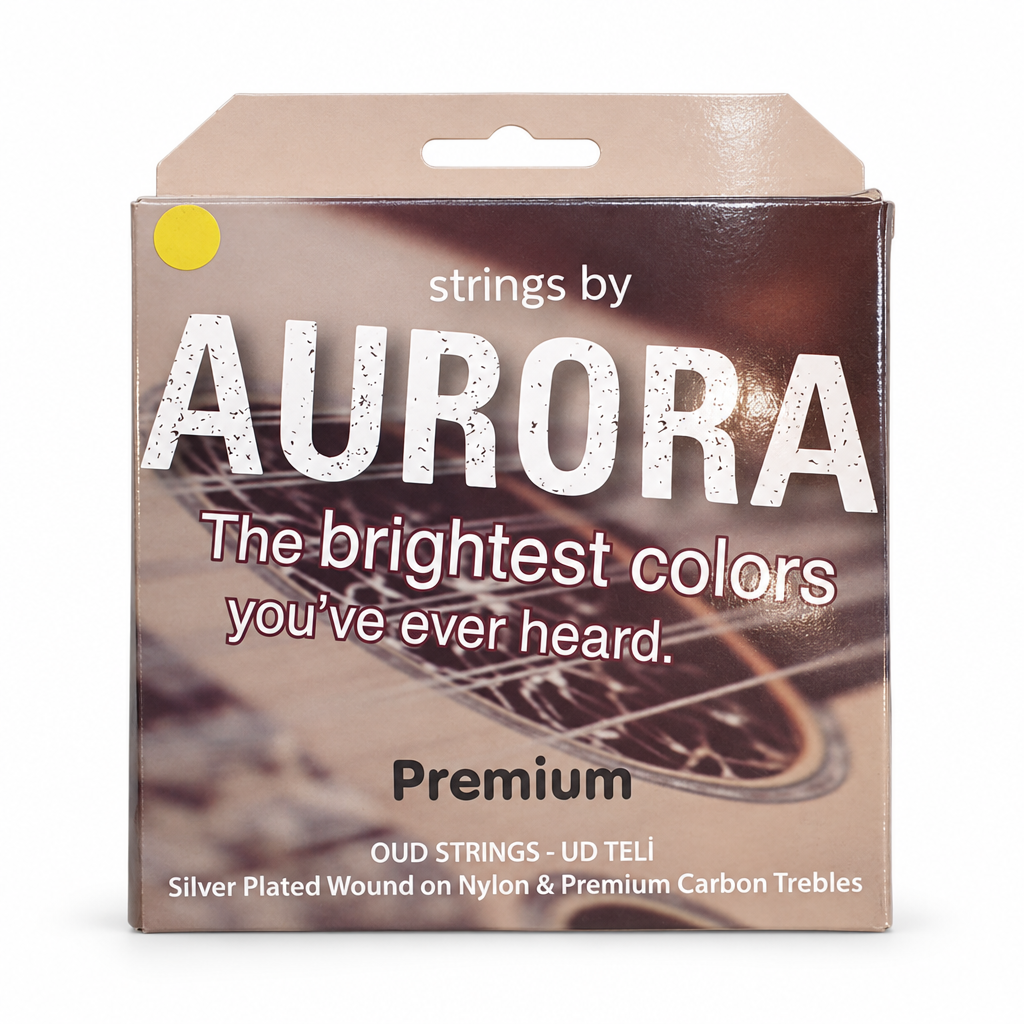 Aurora Premium oud strings package, straight front view showing the original Aurora packaging and oud string artwork