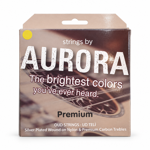 Aurora Premium oud strings package, straight front view showing the original Aurora packaging and oud string artwork