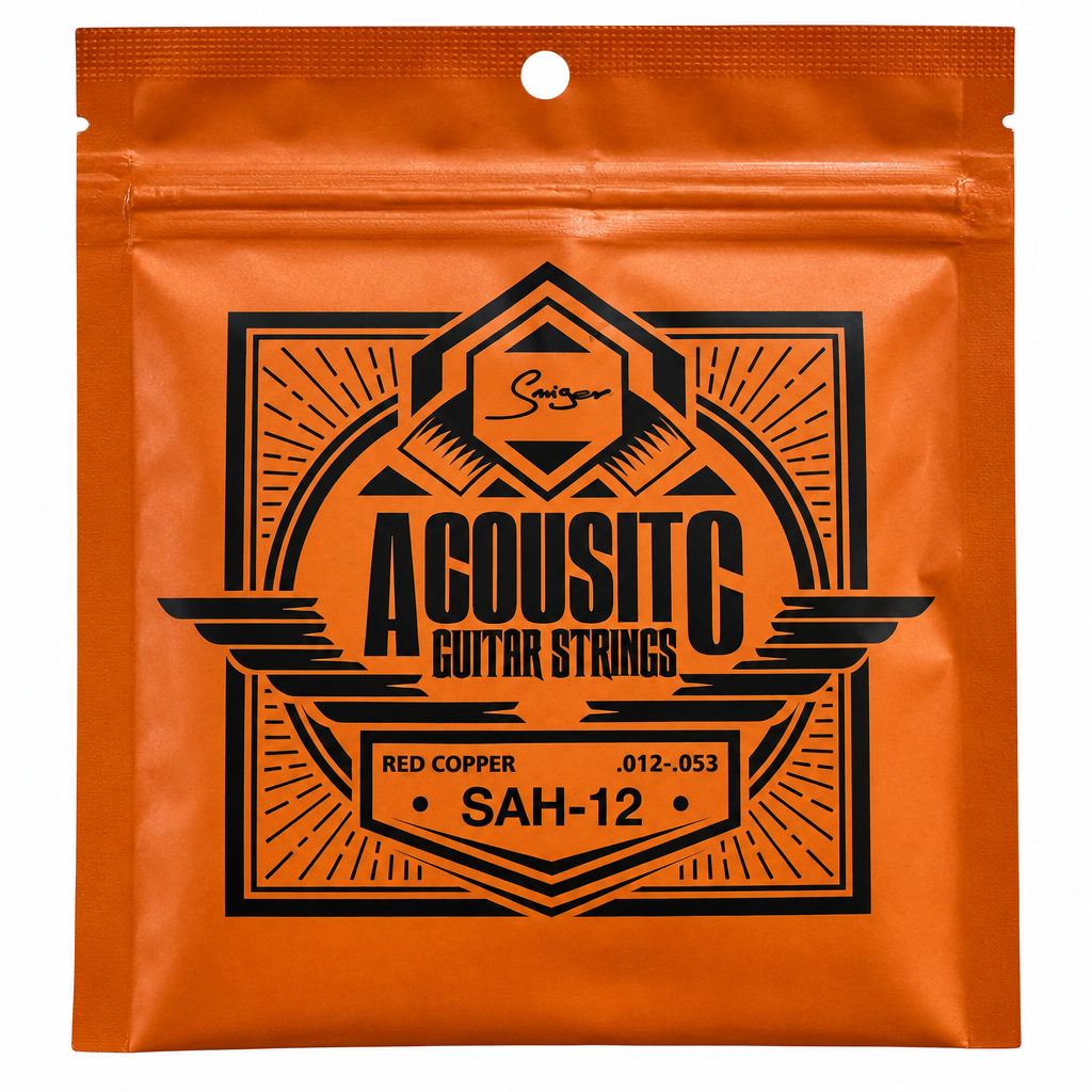 Close-up of the Smiger SAH-12 red copper acoustic guitar strings package showing the original .012-.053 gauge and package specifications