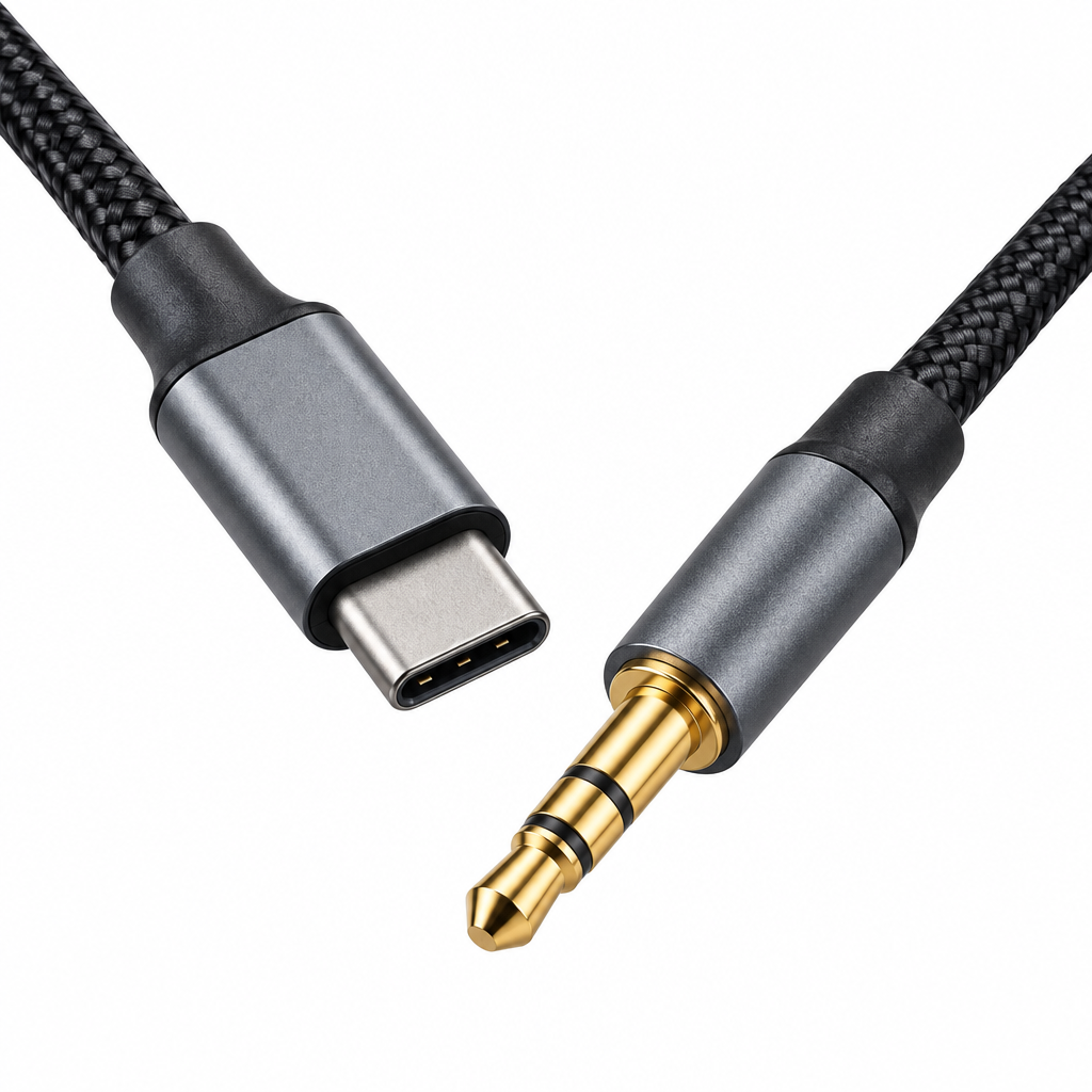 Close-up of the TRCADE321-6 USB-C and 3.5 mm AUX connectors with silver housings, black strain reliefs, and braided cable
