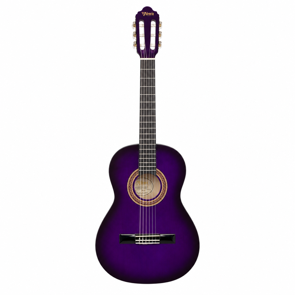 Valencia VC103PPS 3/4 Purple Sunburst classical guitar, straight front view showing the nylon strings and purple finish