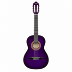Valencia VC103PPS 3/4 Purple Sunburst classical guitar, straight front view showing the nylon strings and purple finish