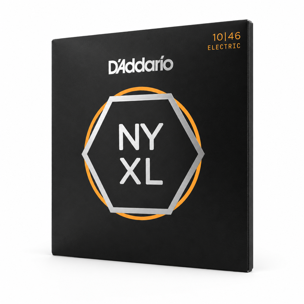 45-degree side view of the D'Addario NYXL1046 electric guitar strings package, 10–46 gauge.