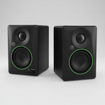 Pair of two Mackie CR8BT 8-inch black powered studio monitors shown in a three-quarter diagonal view