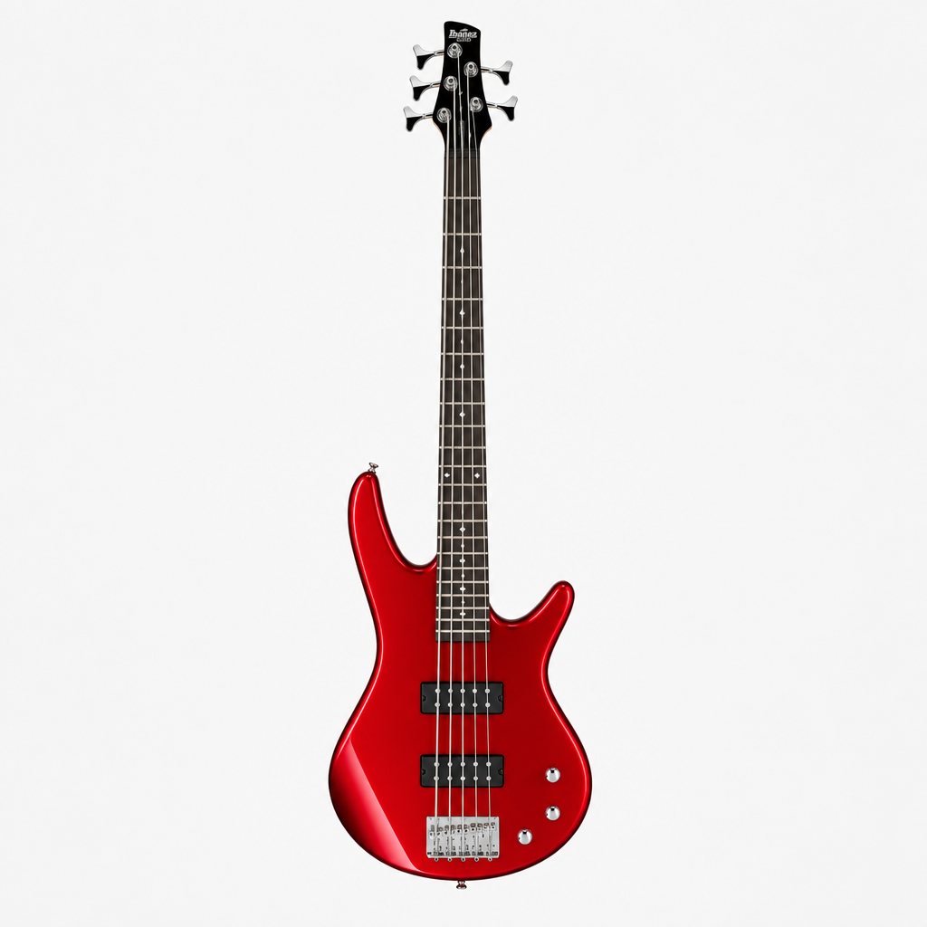 Straight-on full front view of the Ibanez GSR185 Gio 5-string electric bass in Candy Apple Red, showing its body, pickups, and controls.