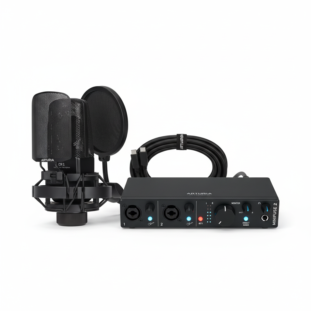 Arturia MiniFuse 2 Recording Pack shown with the MiniFuse 2 interface and microphone together, with headphones and cable visible on a white background