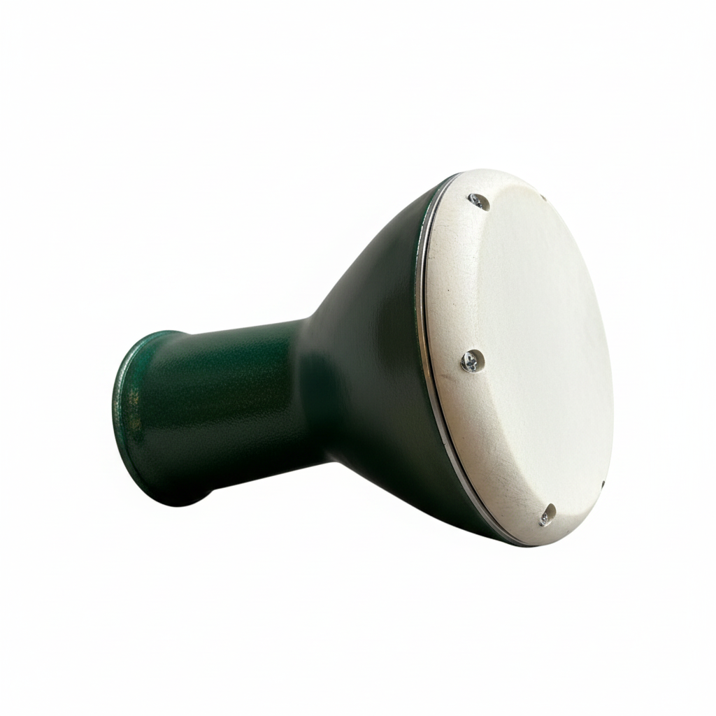 Unbranded Syrian Darbuka B.B resting on its side at a three-quarter angle, showing the green body, drumhead, rim, base, and hardware on a clean white background