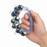 Adult hand inside the blue handheld sleigh bell frame while actively using it to show its compact size
