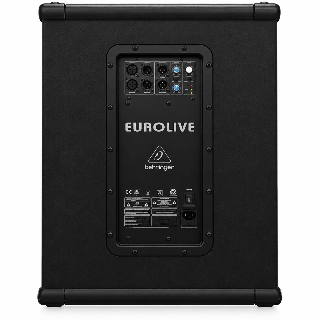 Rear panel of the Behringer Eurolive B1500XP active subwoofer showing its controls and connection panel.