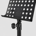 Close detail of the unbranded P-06 perforated music tray, page retainers, angle adjustment joint, and locking knob