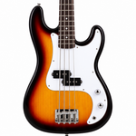 Straight close-up of the Smiger S-G5-3TS four-string electric bass body in three-tone sunburst, clearly showing four strings, pickups, bridge, pickguard, controls, and lower neck