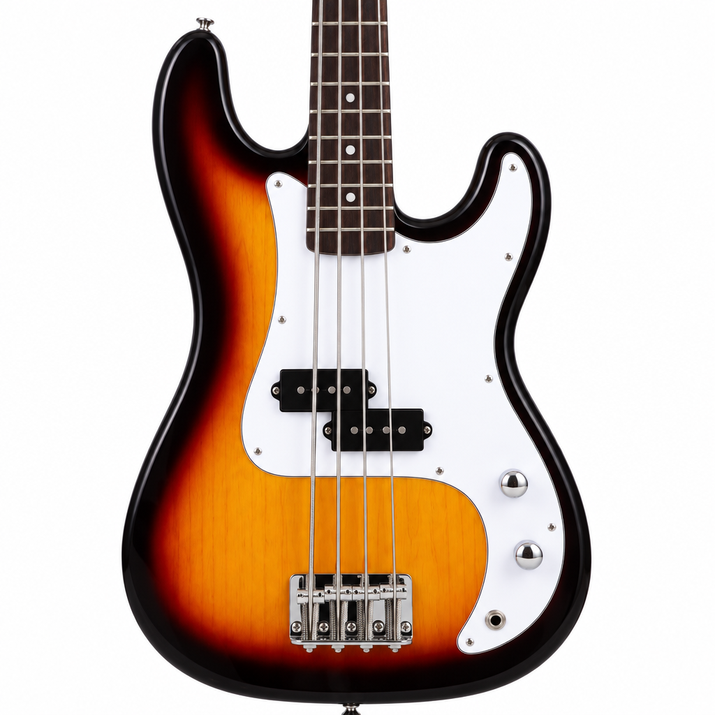 Straight close-up of the Smiger S-G5-3TS four-string electric bass body in three-tone sunburst, clearly showing four strings, pickups, bridge, pickguard, controls, and lower neck