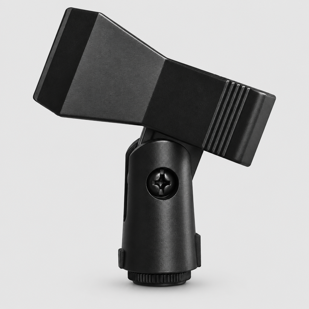 Unbranded A4 microphone holder shown from the front, displaying its black holder body, opening, adjustment screw, and base