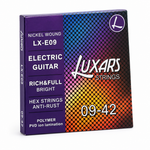Luxars LX-E09 09-42 nickel wound electric guitar strings package, three-quarter angled view showing package thickness and original manufacturer design