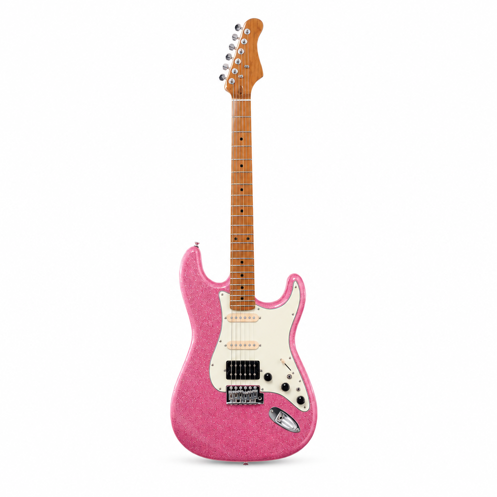 Straight front view of the Smiger L-G2-i3 MSP pink glitter electric guitar preserving its exact ST-style body, cream pickguard, pickups, tremolo bridge, strings, controls, neck, and headstock