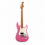 Straight front view of the Smiger L-G2-i3 MSP pink glitter electric guitar preserving its exact ST-style body, cream pickguard, pickups, tremolo bridge, strings, controls, neck, and headstock