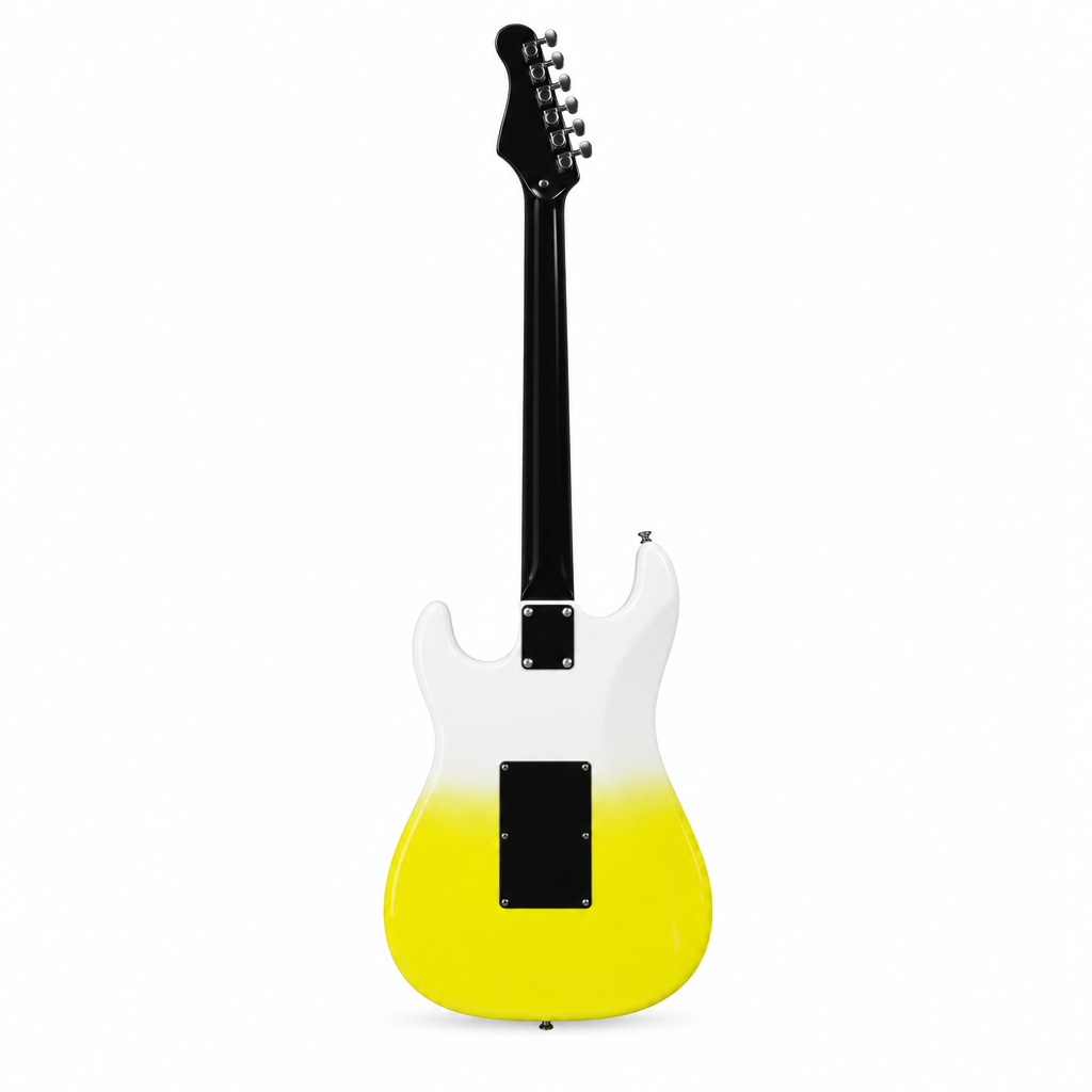 Straight back view of the Smiger L-G2-i6 WKP electric guitar preserving its original white-to-yellow gradient finish, body, back, neck, headstock, and tuning machines