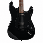 Close-up of the black Rockdale Charger HT HH showing two humbucker pickups, strings, hardtail bridge, controls, and output jack
