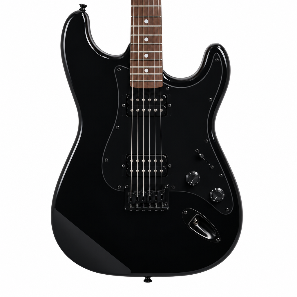 Close-up of the black Rockdale Charger HT HH showing two humbucker pickups, strings, hardtail bridge, controls, and output jack