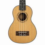 Natural close-up of the Grape GKS-50 21-inch soprano ukulele showing the soundhole, rosette, strings, bridge, and fretboard