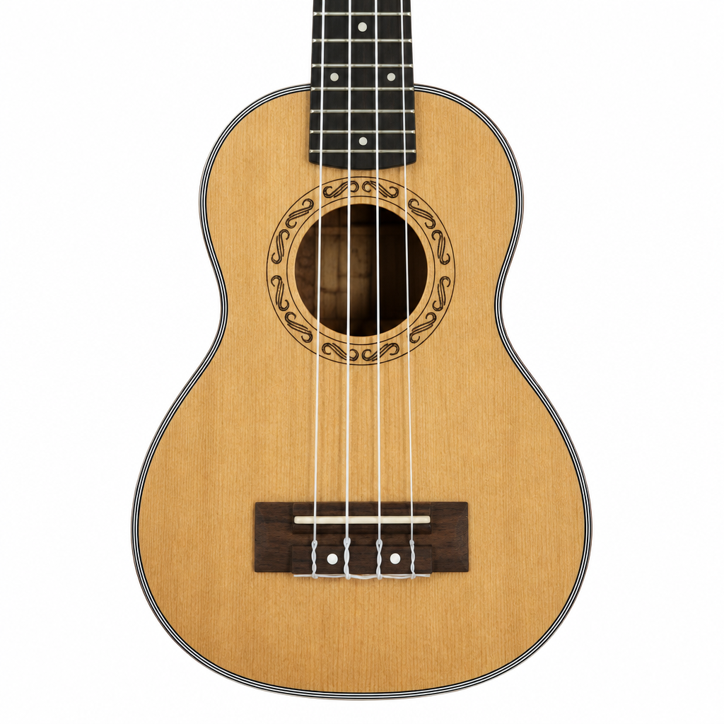 Natural close-up of the Grape GKS-50 21-inch soprano ukulele showing the soundhole, rosette, strings, bridge, and fretboard