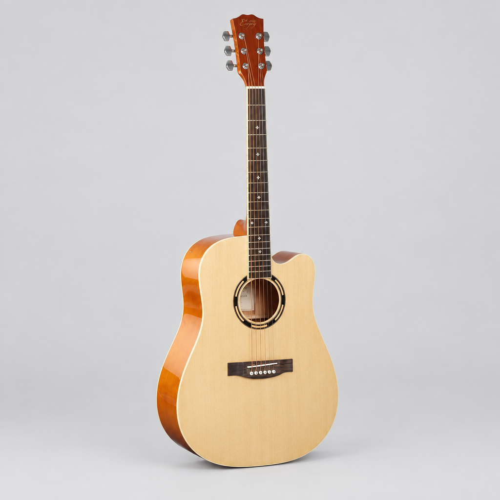 Enjoy E41-DD1 MY4102 acoustic guitar in the natural wood finish shown from a three-quarter angle