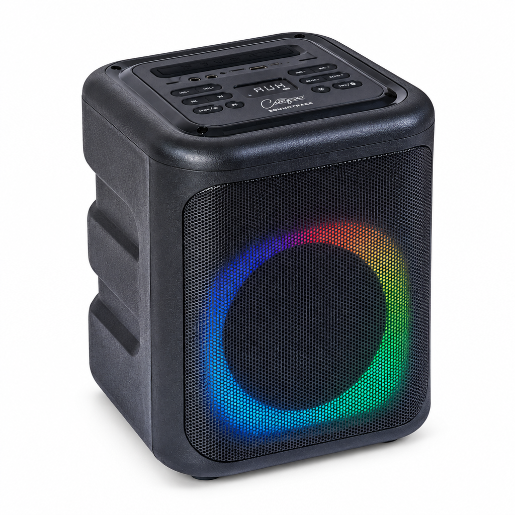 45-degree view of the black Carry-On Soundtrack portable Bluetooth party speaker.