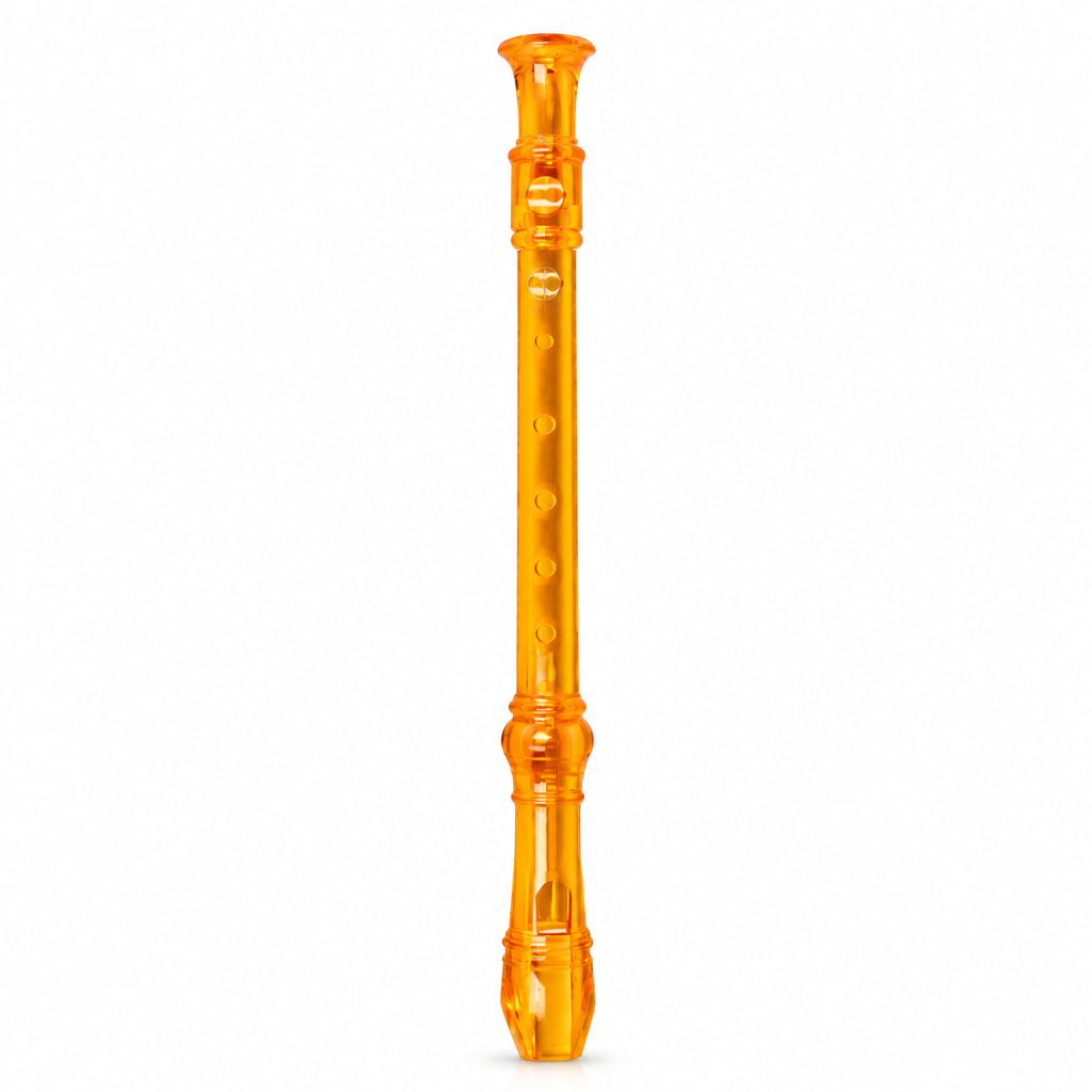 Orange Chinese soprano recorder, full front view without seller branding