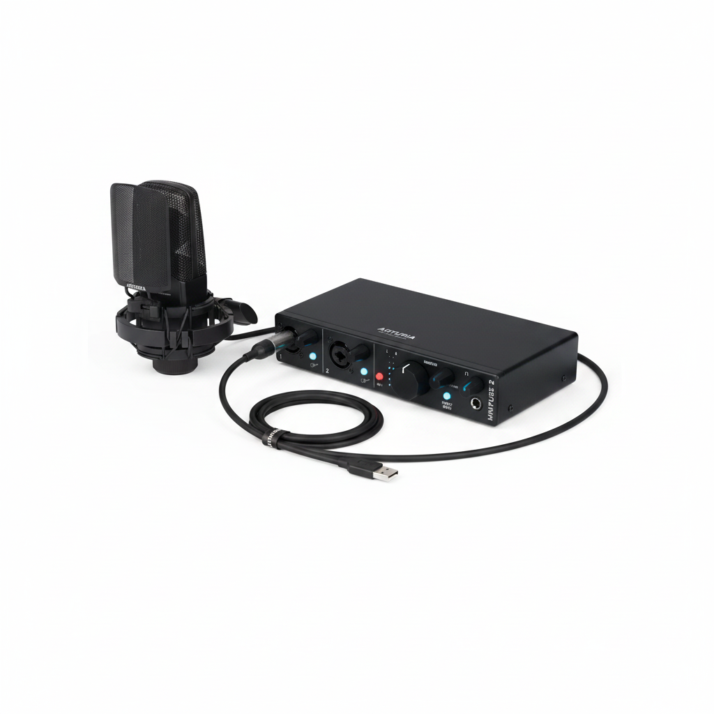 Arturia MiniFuse 2 Recording Pack shown at an angled view with the black audio interface, microphone, headphones, and USB cable visible on a white background