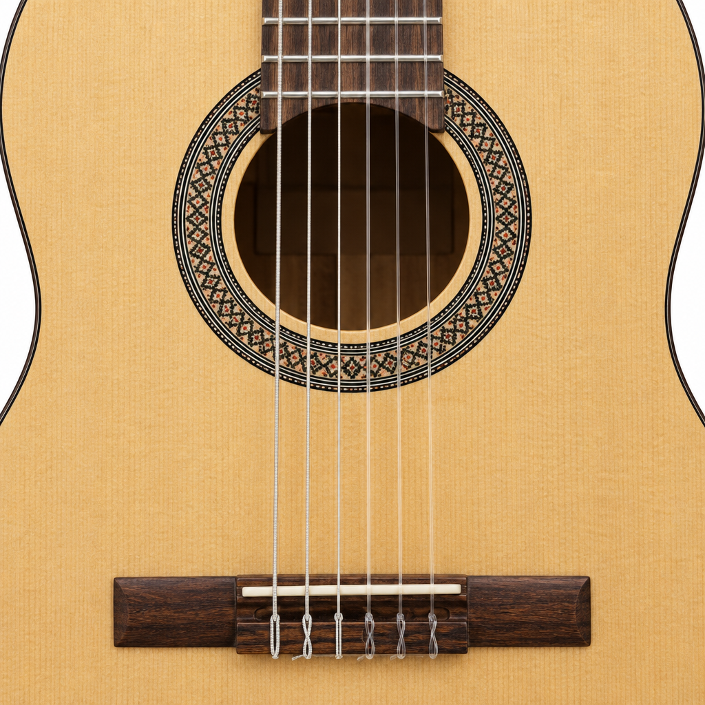 Straight-on close-up of the soundhole, rosette, nylon strings, and bridge on the Flight C100NA classical guitar.